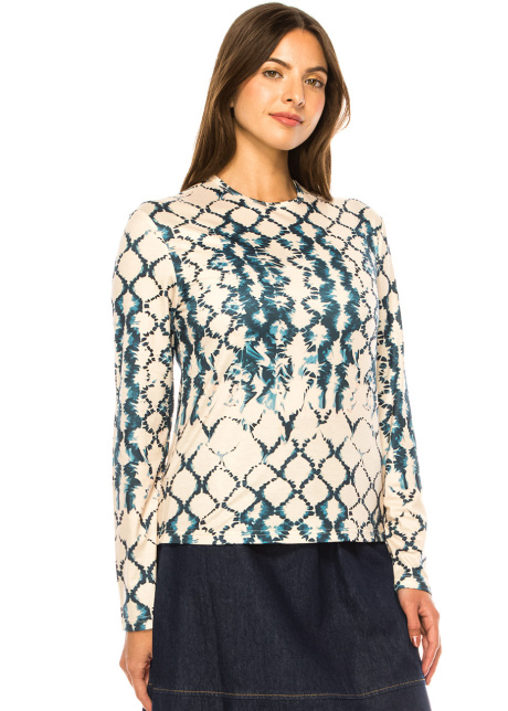 Beige & Teal Ikat Print Long-Sleeve Top