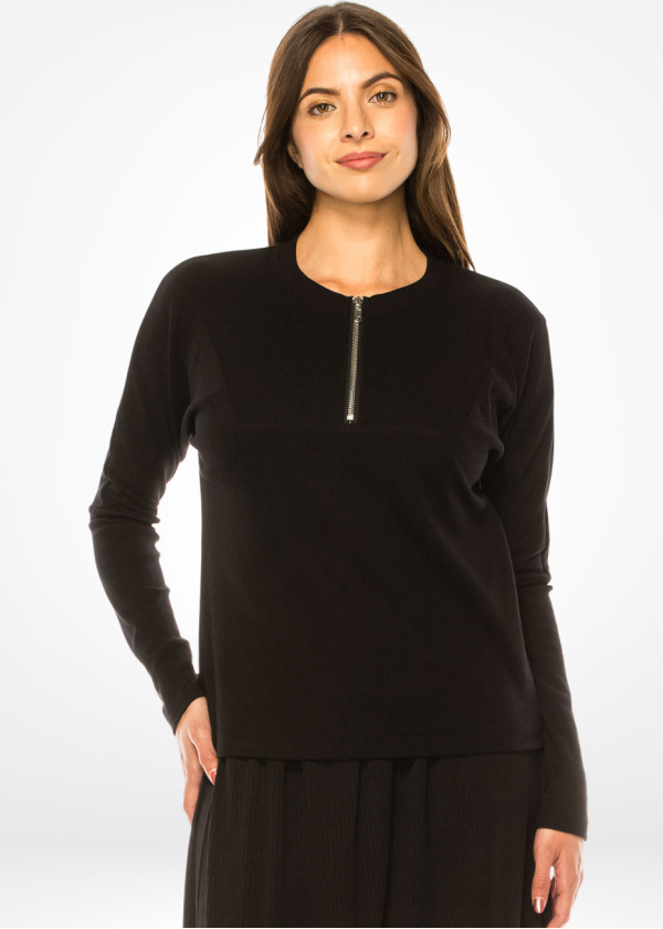 Jet Black Zip Accent Long-Sleeve Top