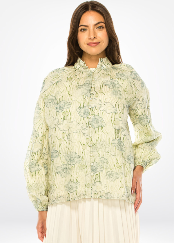 Spring Blossom Button-Up Green Blouse