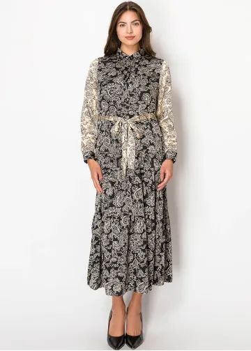Beige & Black Paisley Elegant Dress