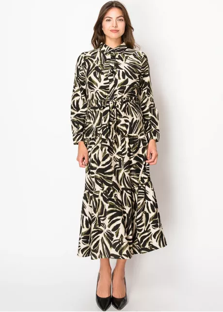 Olive and Black Leaf Print Dress
