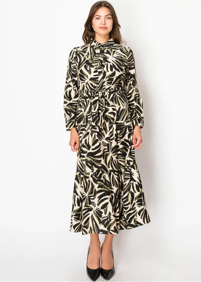 Olive and Black Leaf Print Dress