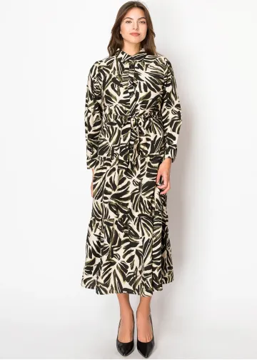 Olive and Black Leaf Print Dress