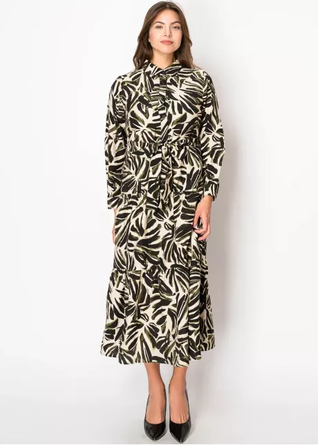 Olive and Black Leaf Print Dress