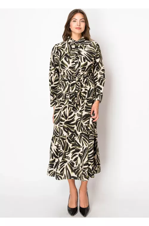 Olive and Black Leaf Print Dress