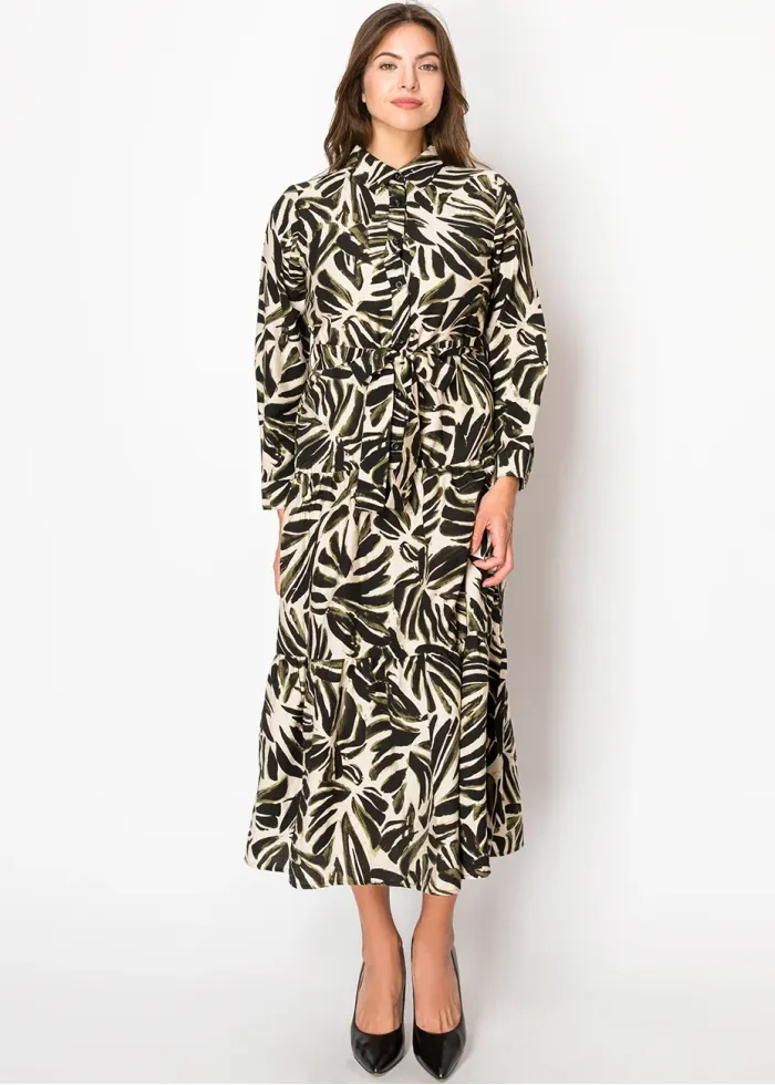 Olive and Black Leaf Print Dress