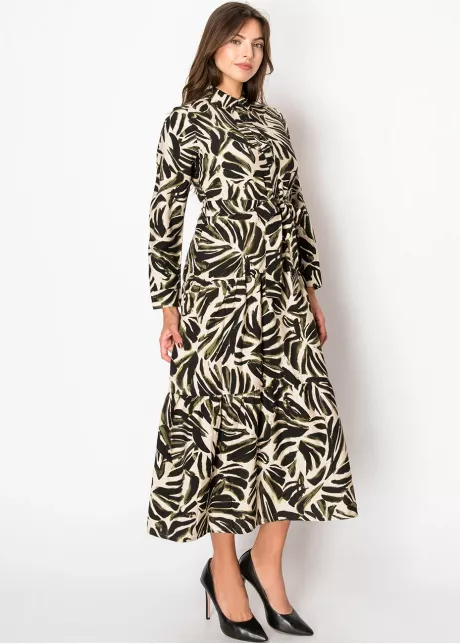 Olive and Black Leaf Print Dress