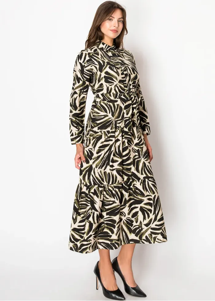 Olive and Black Leaf Print Dress
