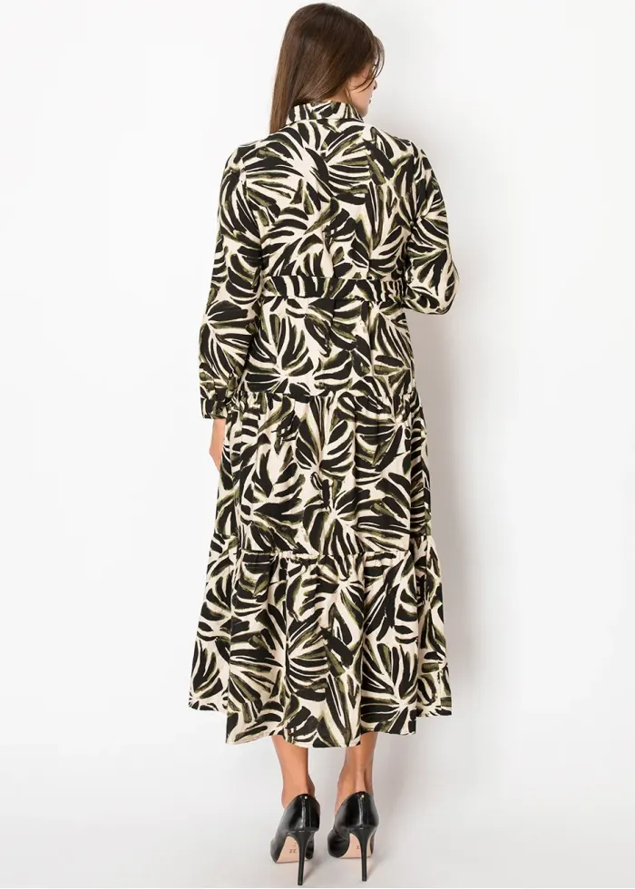 Olive and Black Leaf Print Dress