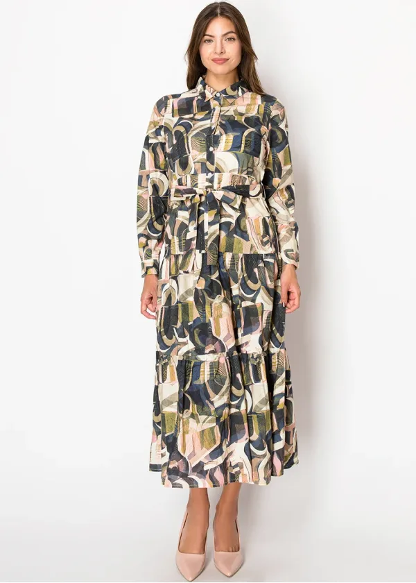 Green Brushstroke Tiered Dress
