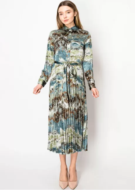 Watercolor Blue Pleated Shirt Dress