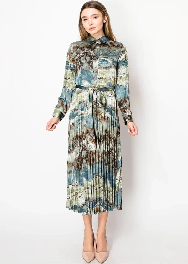 Watercolor Blue Pleated Shirt Dress