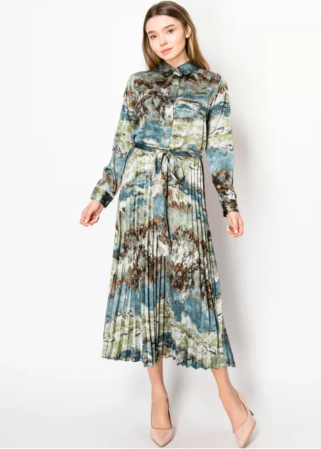 Watercolor Blue Pleated Shirt Dress