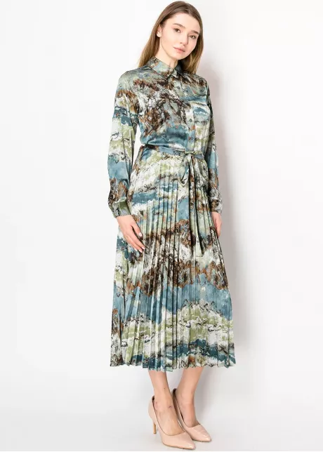 Watercolor Blue Pleated Shirt Dress