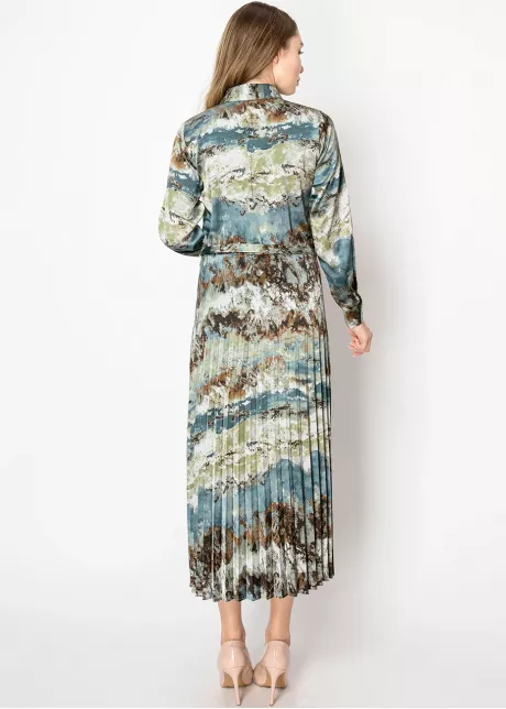 Watercolor Blue Pleated Shirt Dress