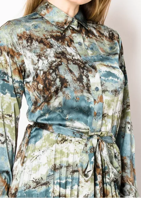 Watercolor Blue Pleated Shirt Dress