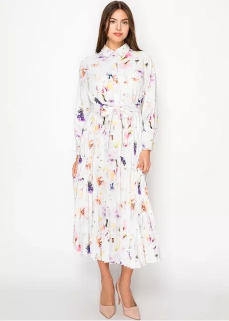 White Blossom Pleated Dress with Belt