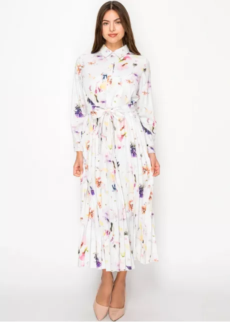 White Blossom Pleated Dress with Belt