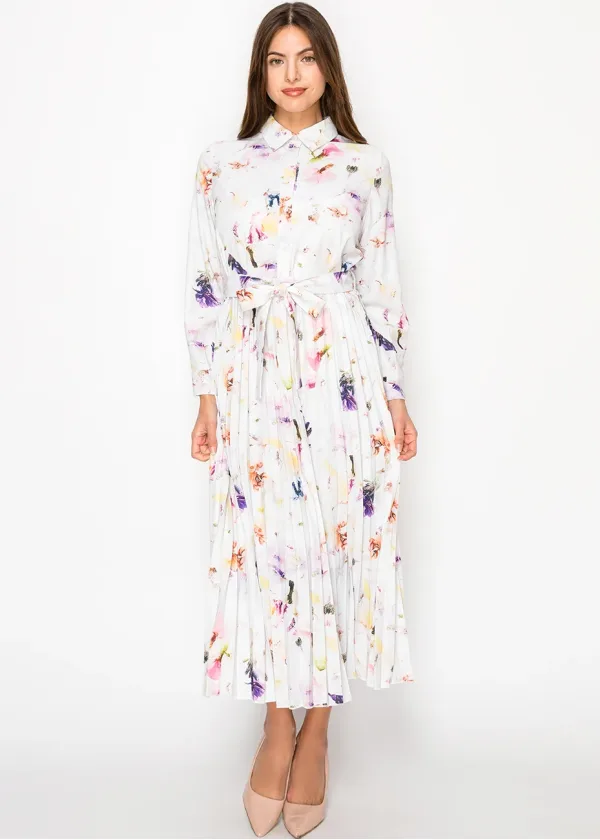 White Blossom Pleated Dress with Belt