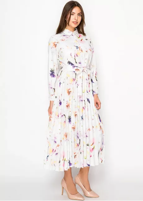 White Blossom Pleated Dress with Belt