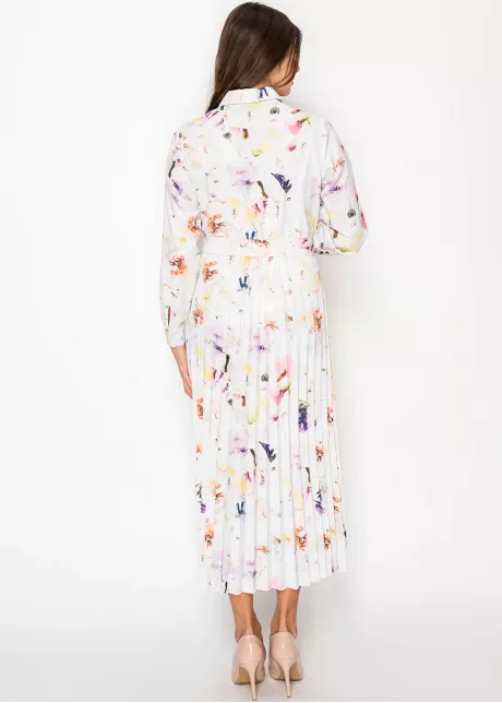 White Blossom Pleated Dress with Belt