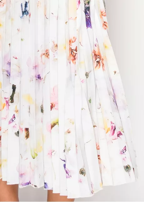 White Blossom Pleated Dress with Belt