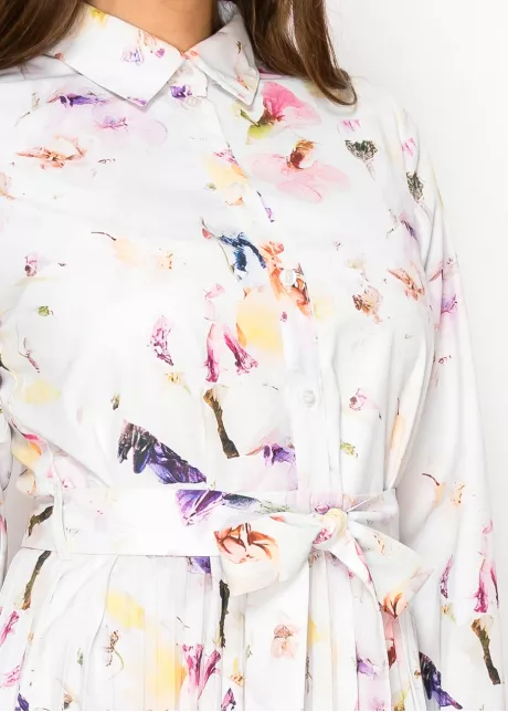 White Blossom Pleated Dress with Belt