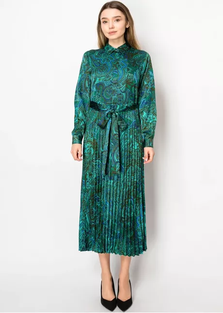 Verdant Paisley Pleated Dress