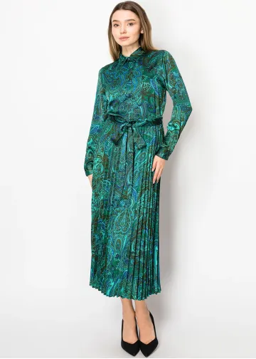 Verdant Paisley Pleated Dress