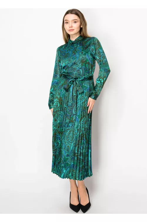 Verdant Paisley Pleated Dress