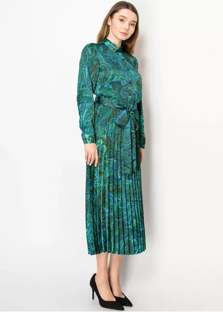 Verdant Paisley Pleated Dress