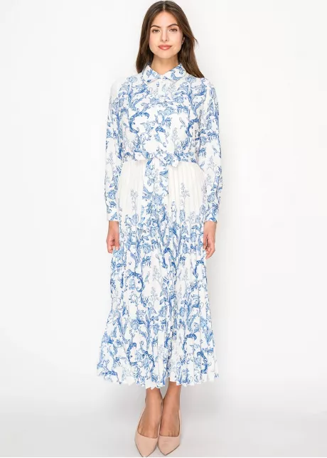 Elegant White and Blue Print Dress