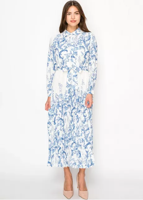 Elegant White and Blue Print Dress