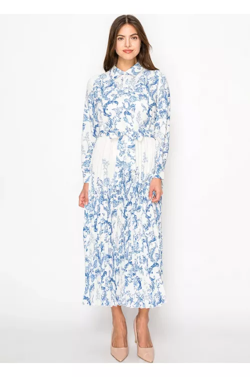 Elegant White and Blue Print Dress