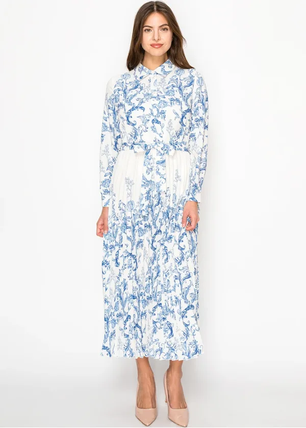 Elegant White and Blue Print Dress