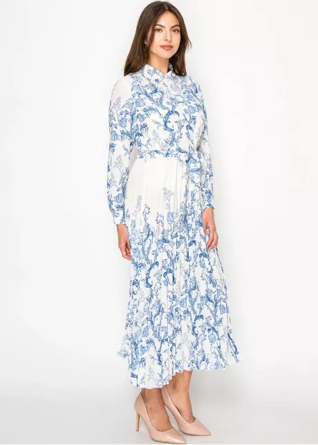 Elegant White and Blue Print Dress