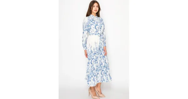 Elegant White and Blue Print Dress | Modest Women Clothing - YAL New York