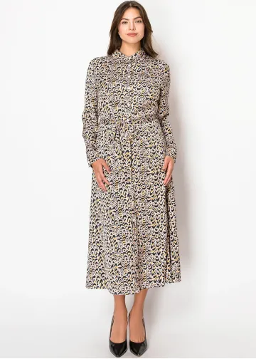 Golden Feather Print Shirt Dress