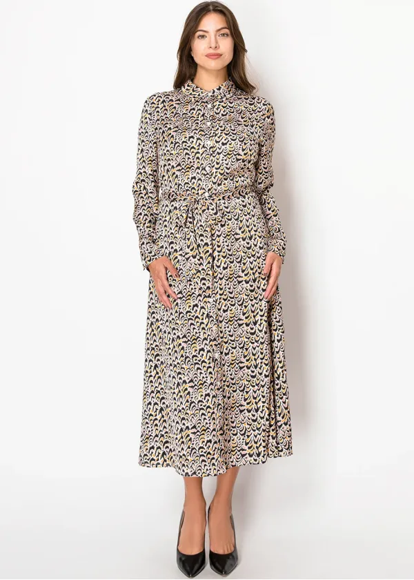 Golden Feather Print Shirt Dress