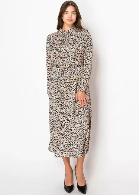 Golden Feather Print Shirt Dress