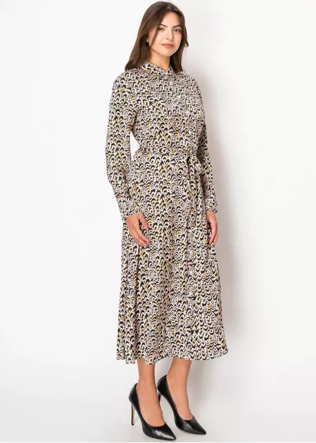 Golden Feather Print Shirt Dress