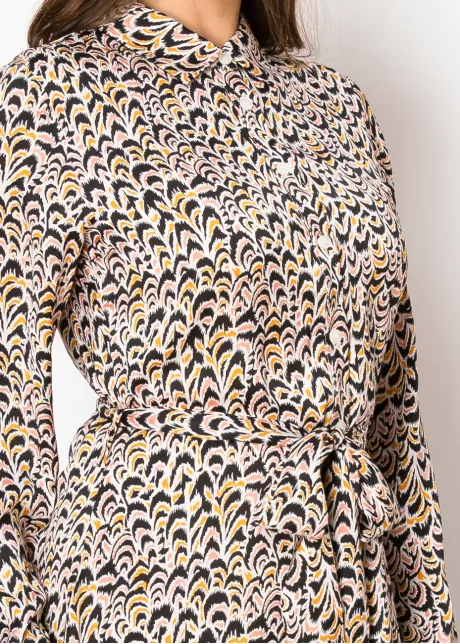 Golden Feather Print Shirt Dress