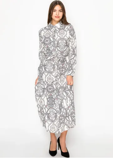 Ivory Mosaic Belted Dress