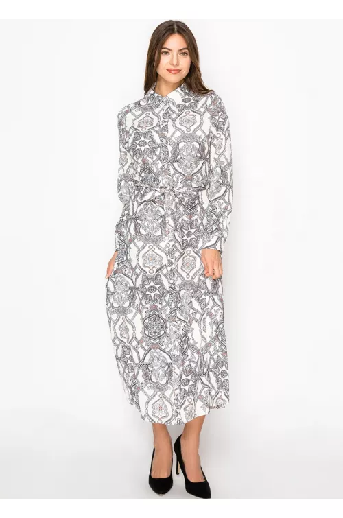 Ivory Mosaic Belted Dress