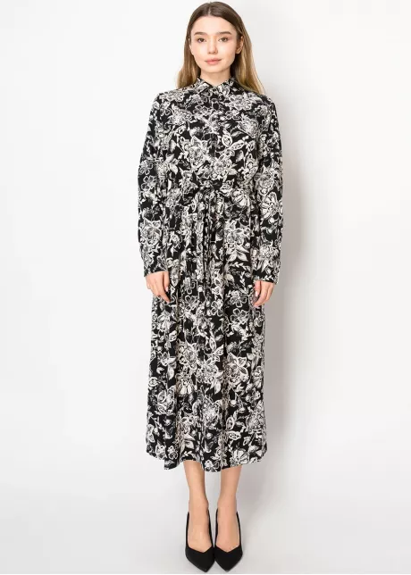 Vintage Floral Tie-Waist Black Dress