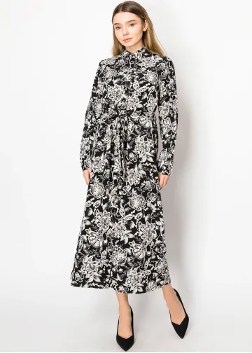 Vintage Floral Tie-Waist Black Dress