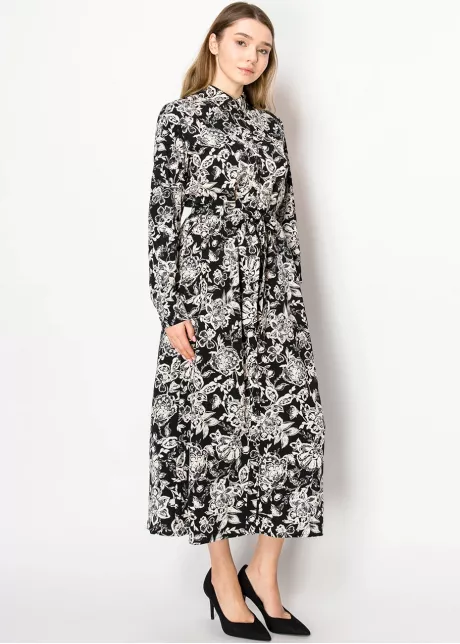 Vintage Floral Tie-Waist Black Dress