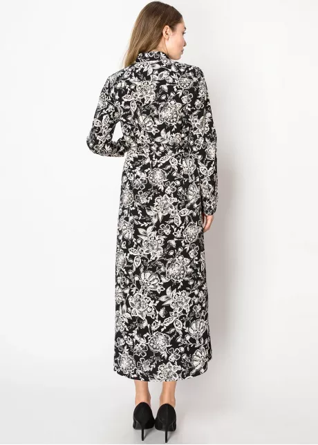 Vintage Floral Tie-Waist Black Dress