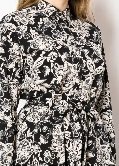 Vintage Floral Tie-Waist Black Dress