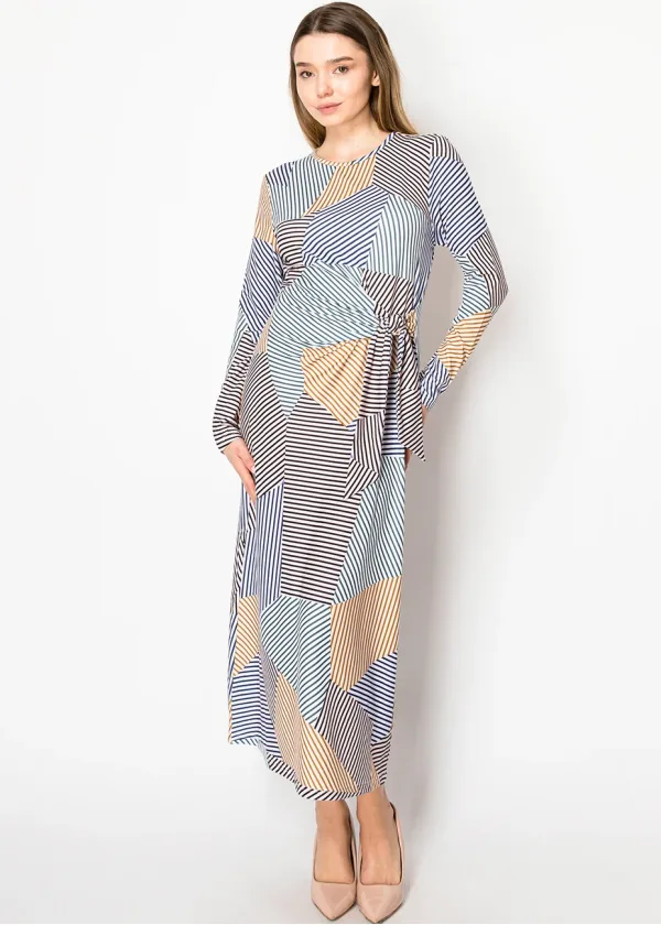 Abstract Stripes Tie-Waist Dress – Blue Multi